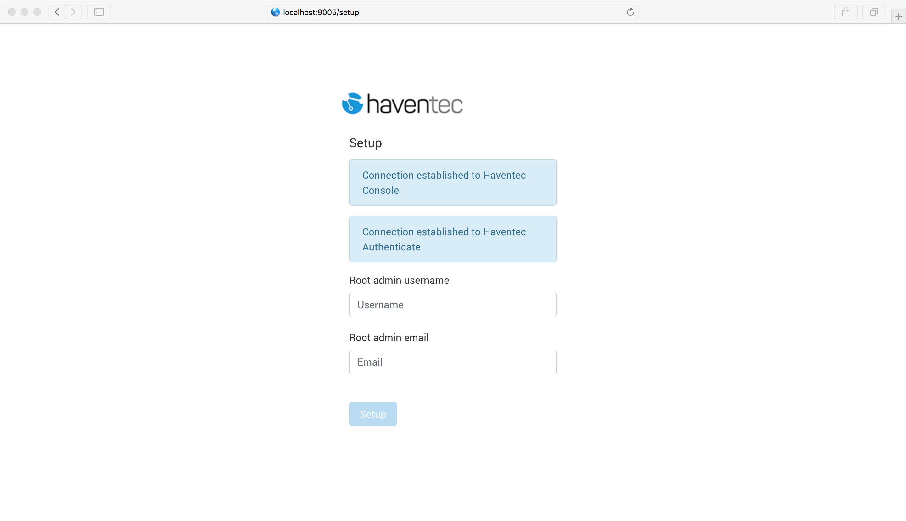 Haventec Authenticate Setup screen