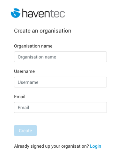 Haventec Console create organisation screenshot